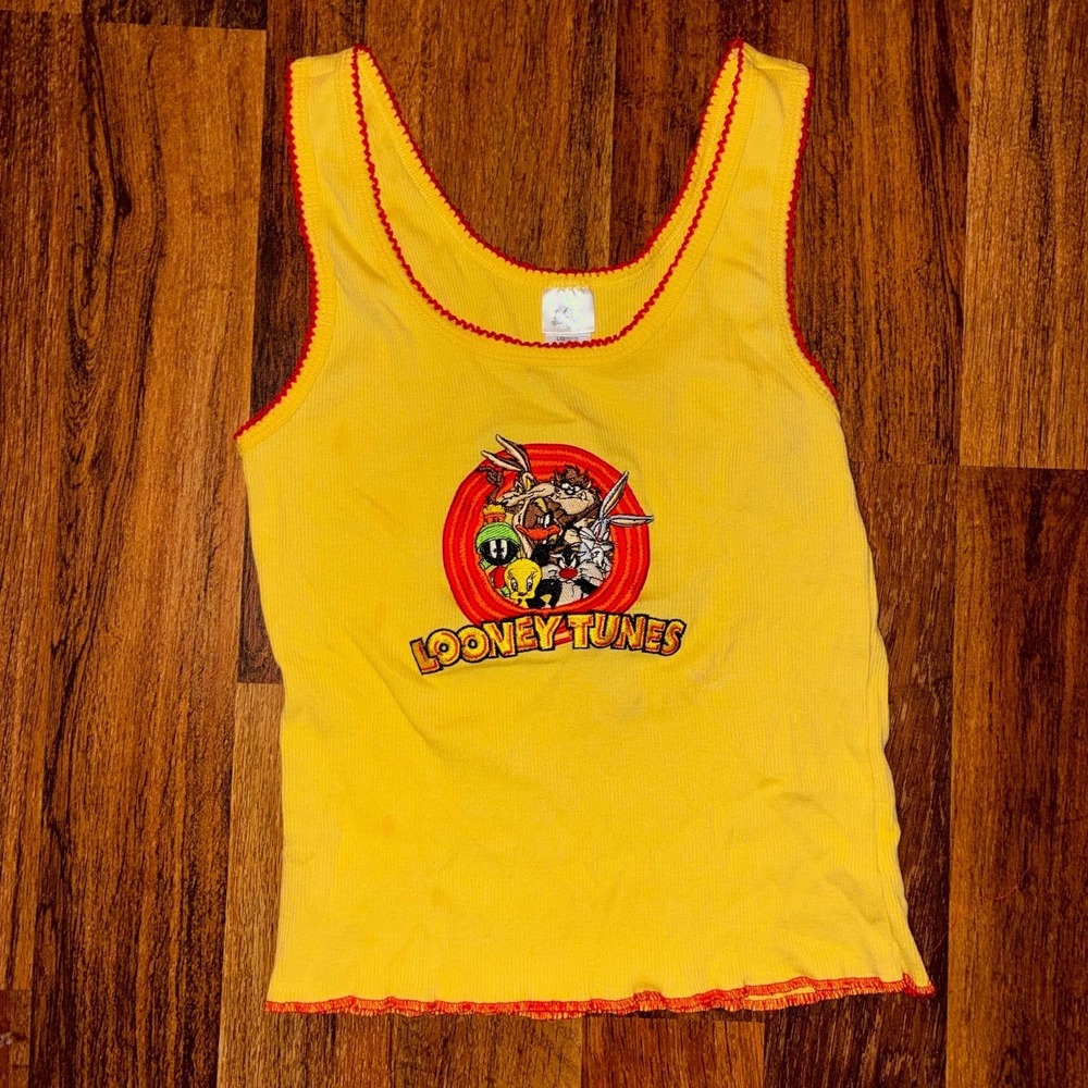 Vintage Looney Tunes Yellow Ribbed Tank Top Embroidered Lettuce Edge Large 11/13
